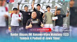Raider binaan IMI Konawe Utara Wahdany (132) menerima trofi Juara 1 Bebek 2 Tak 125cc Novice, usai tampil kompetitif dalam ajang tingkat Nasional, Blitar Road Race Championship Piala Sahabat Dito 2026 di Kota Blitar, Jawa Timur (Jatim), Minggu (15/02/2026).